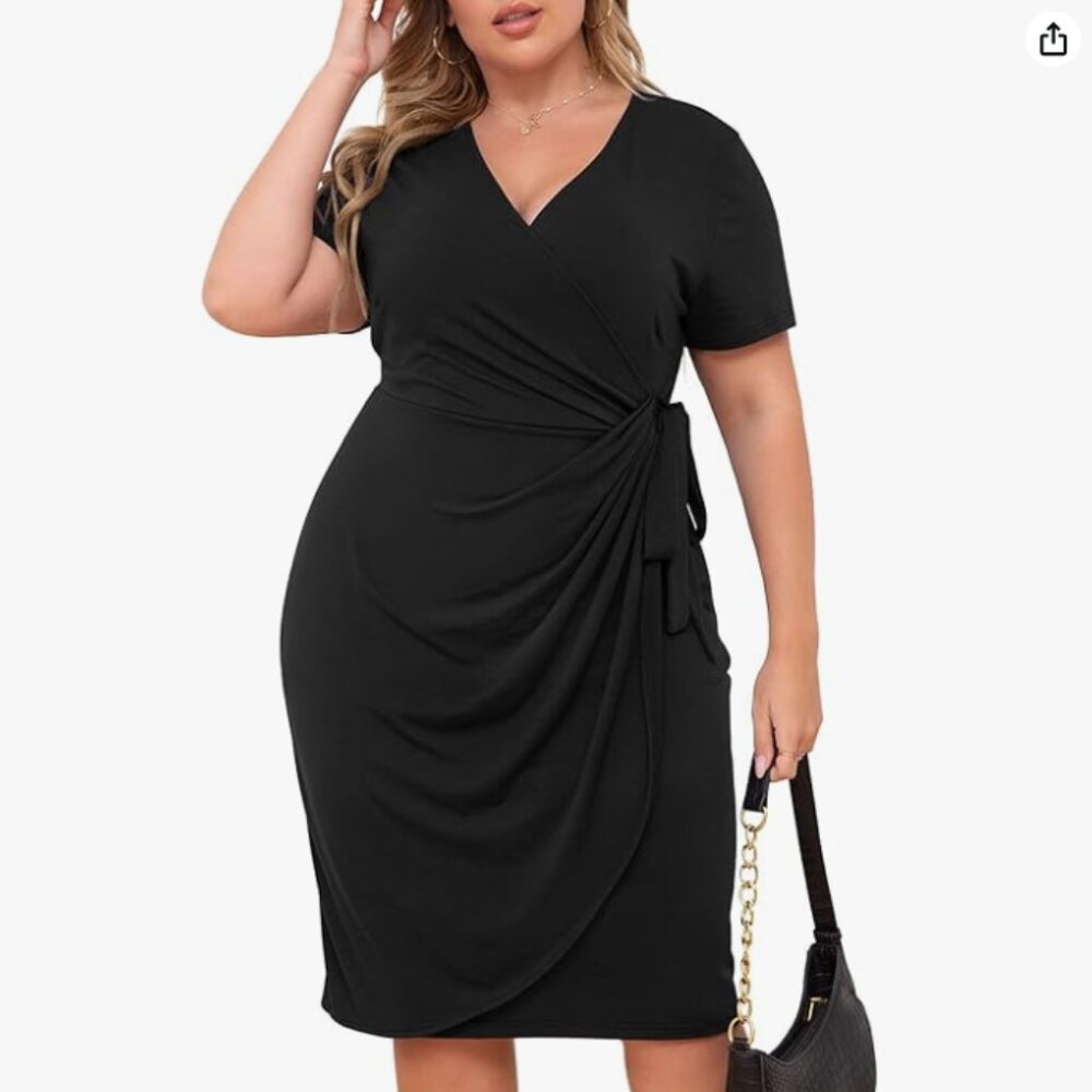 NWT Nemidor Womens Plus Size Black Ruched Wrap Dress Sz 14